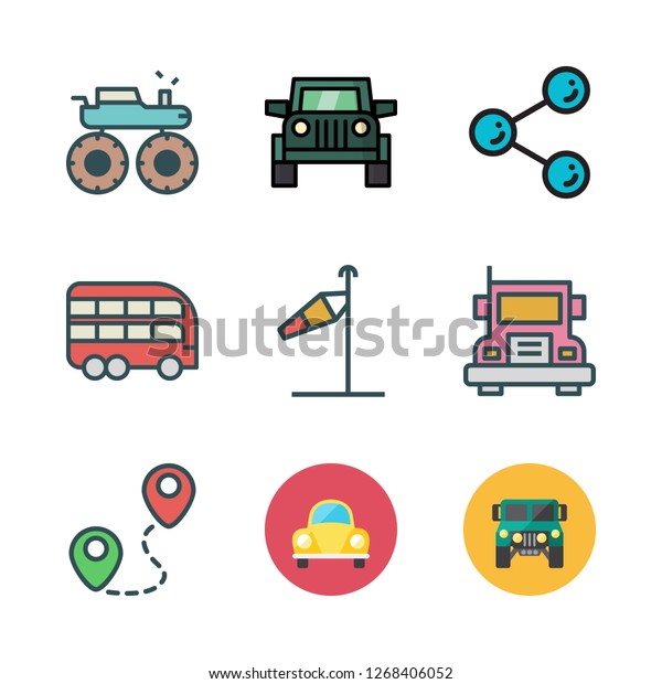 drive icon set. vector set about wind sign, truck,\
suv and share icons set.