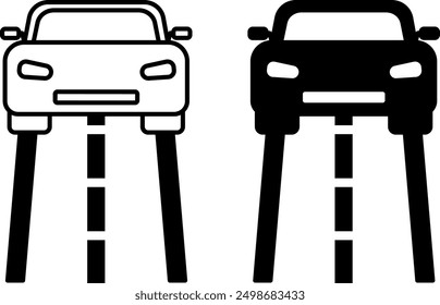 Drive Icons. Black and White Vector Icons. Car Driving on Highway. Vehicle Movement. Road Concept