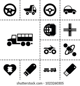 Drive icons. set of 13 editable filled drive icons such as truck with luggage, motorcycle, wheel, cpu in heart, cpu planet, steering wheel, road, toy car