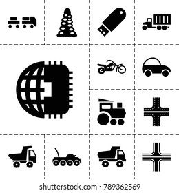 Drive icons. set of 13 editable filled drive icons such as tunnel, road, toy car, cpu planet, flash drive, motorcycle, military car, truck with luggage, train toy