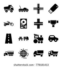 Drive icons. set of 16 editable filled drive icons such as road, toy car, truck, cpu planet, usb drive, motorcycle, hard disc, military car, truck with luggage