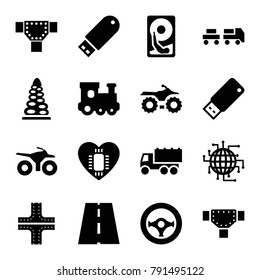 Drive icons. set of 16 editable filled drive icons such as road, train toy, truck, motorcycle, cpu planet, steering wheel, hard disc, truck with luggage, tunnel