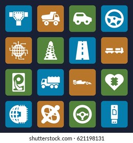 Drive icons set. set of 16 drive filled icons such as truck with luggage, tunnel, road, toy car, truck, steering wheel, sport car, hard disc, wheel, CPU in heart, CPU planet