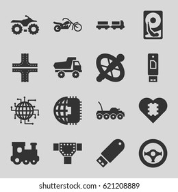 Drive icons set. set of 16 drive filled icons such as truck with luggage, road, train toy, toy car, steering wheel, motorcycle, hard disc, military car, wheel, CPU in heart