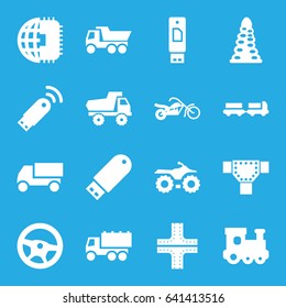 Drive icons set. set of 16 drive filled icons such as truck with luggage, tunnel, road, train toy, toy car, truck, motorcycle, usb signal, cpu planet