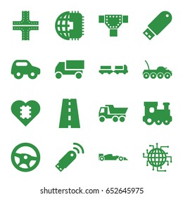 Drive icons set. set of 16 drive filled icons such as truck with luggage, road, toy car, train toy, truck, flash drive, sport car, usb signal, military car, cpu in heart