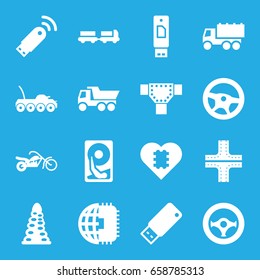 Drive icons set. set of 16 drive filled icons such as truck with luggage, tunnel, road, truck, usb drive, steering wheel, motorcycle, usb signal, hard disc, military car