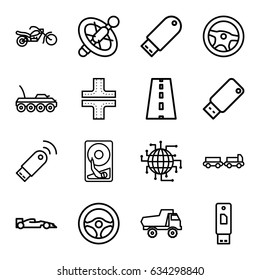 Drive icons set. set of 16 drive outline icons such as truck with luggage, road, toy car, motorcycle, usb signal, hard disc, military car, steering wheel, sport car, wheel