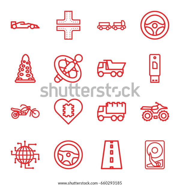 Drive icons set.\
set of 16 drive outline icons such as truck with luggage, tunnel,\
road, truck, motorcycle, hard disc, steering wheel, sport car,\
wheel, cpu in heart