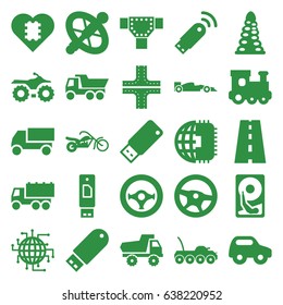 Drive icons set. set of 25 drive filled icons such as tunnel, road, toy car, train toy, truck, steering wheel, sport car, motorcycle, usb signal, hard disc, military car