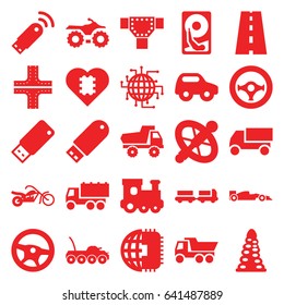 Drive icons set. set of 25 drive filled icons such as truck with luggage, tunnel, road, toy car, train toy, truck, steering wheel, sport car, motorcycle, usb signal, hard disc