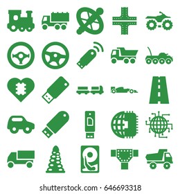 Drive icons set. set of 25 drive filled icons such as truck with luggage, tunnel, road, toy car, train toy, truck, steering wheel, sport car, usb signal, hard disc