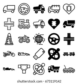 Drive icons set. set of 25 drive filled and outline icons such as truck with luggage, road, toy car, truck, sport car, wheel, cpu in heart, cpu planet, tunnel, train toy