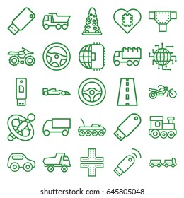 Drive icons set. set of 25 drive outline icons such as truck with luggage, tunnel, road, toy car, train toy, truck, motorcycle, usb signal, military car, steering wheel