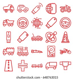 Drive icons set. set of 25 drive outline icons such as truck with luggage, tunnel, road, toy car, train toy, truck, motorcycle, usb signal, hard disc, military car
