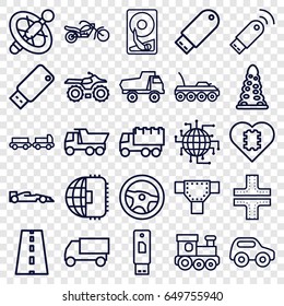 Drive icons set. set of 25 drive outline icons such as truck with luggage, tunnel, road, toy car, train toy, truck, motorcycle, usb signal, hard disc, military car, sport car