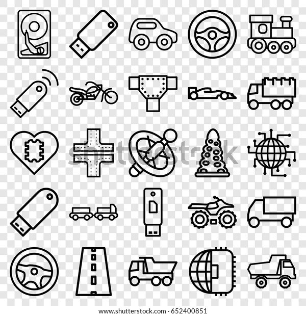 Drive icons set. set of\
25 drive outline icons such as truck with luggage, tunnel, road,\
toy car, train toy, truck, motorcycle, usb signal, hard disc,\
steering wheel