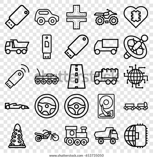 Drive icons set. set of\
25 drive outline icons such as truck with luggage, tunnel, road,\
toy car, train toy, truck, motorcycle, usb signal, hard disc,\
military car