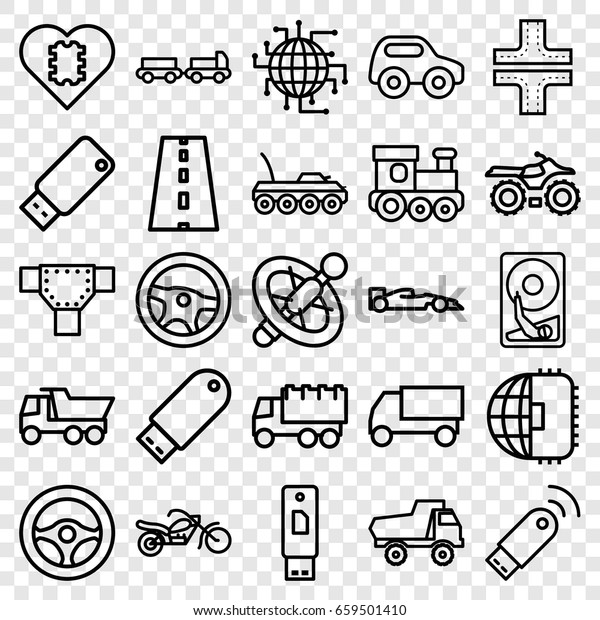 Drive icons set.\
set of 25 drive outline icons such as truck with luggage, road, toy\
car, train toy, truck, motorcycle, usb signal, hard disc, military\
car, steering wheel