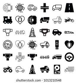 Drive icons. set of 36 editable filled and outline drive icons such as tunnel, road, toy car, train toy, truck, motorcycle, cpu planet, usb drive, steering wheel, hard disc
