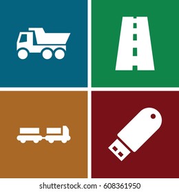 Drive icons set. set of 4 drive filled icons such as truck with luggage, truck, road