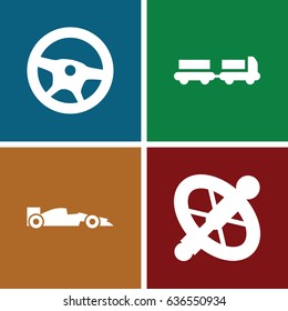 Drive icons set. set of 4 drive filled icons such as truck with luggage, sport car