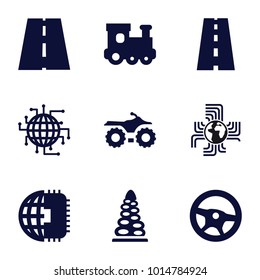 Drive icons. set of 9 editable filled drive icons such as train toy, motorcycle, wheel, cpu planet, road