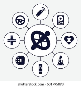 drive icons set. Set of 9 drive filled icons such as tunnel, road, usb signal, hard disc, wheel, CPU in heart, CPU planet