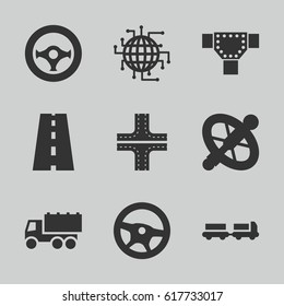 Drive icons set. set of 9 drive filled icons such as truck with luggage, road, truck, steering wheel, wheel