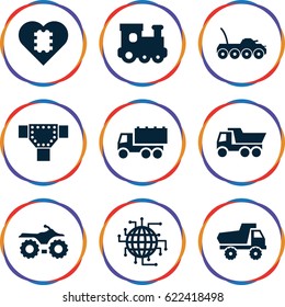 Drive icons set. set of 9 drive filled icons such as road, train toy, toy car, truck, military car, CPU in heart, CPU planet