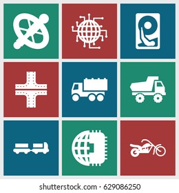 Drive icons set. set of 9 drive filled icons such as truck with luggage, road, toy car, truck, motorcycle, hard disc, wheel