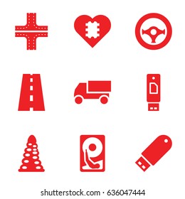 Drive icons set. set of 9 drive filled icons such as tunnel, road, truck, steering wheel, hard disc