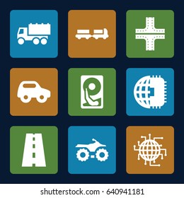 Drive icons set. set of 9 drive filled icons such as truck with luggage, road, toy car, truck, hard disc, cpu planet
