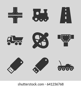 Drive icons set. set of 9 drive filled icons such as road, train toy, truck, military car