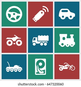Drive icons set. set of 9 drive filled icons such as toy car, train toy, truck, motorcycle, usb signal, hard disc, military car