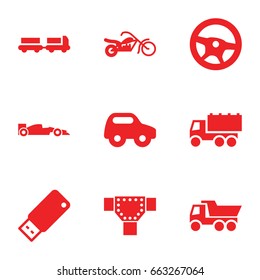 Drive icons set. set of 9 drive filled icons such as truck with luggage, road, toy car, truck, usb drive, sport car, motorcycle