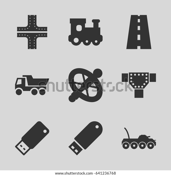 Drive icons set. set of 9 drive\
filled icons such as road, train toy, truck, military\
car