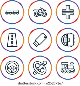 Drive icons set. set of 9 drive outline icons such as truck with luggage, road, train toy, usb drive, steering wheel, wheel, CPU planet