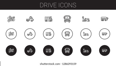 drive icons set. Collection of drive with road, truck, school bus, bicycle, bus. Editable and scalable drive icons.