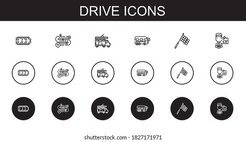 drive icons set. Collection of drive with tire, road, trailer, bus, racing, driver. Editable and scalable drive icons.