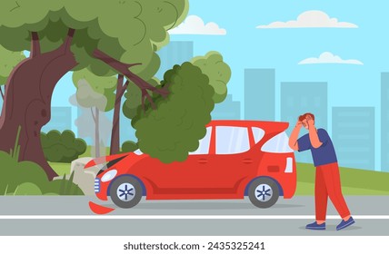 Drive into tree concept. Man stands at road near automobile in tree. Accident and disaster at road. Crash at highway. Unsuccessful driver with broken transport. Cartoon flat vector illustration