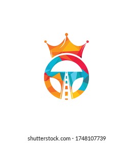 Drive king vector logo design. Steering with road and crown icon.