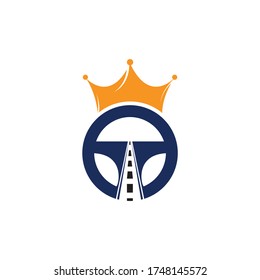 Drive king vector logo design. Steering with road and crown icon.