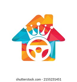 Drive king vector logo design. Steering with crown and home icon.	
