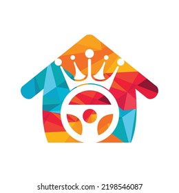 Drive king vector logo design. Steering with crown and home icon.	