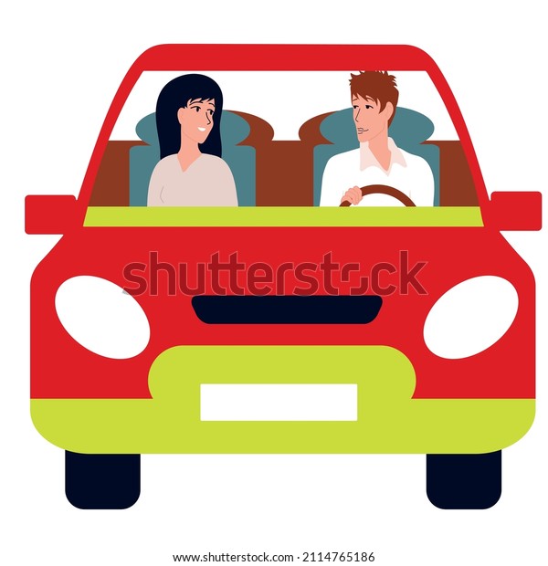 Drive. A loving man and woman are driving in a red\
car. The guy is driving. Husband and wife, family trip. Vector\
flat.