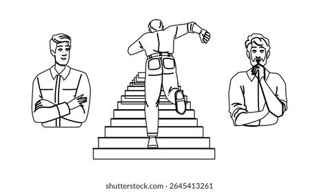 impulsionar o vetor homem motivado. foco ambição, sucesso determinação, resiliência perseverança impulsionar o personagem homem motivado. pessoas linha preta lápis desenho ilustração