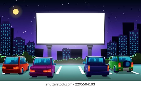 Conduce una película. Cine de coches. Pantalla en el teatro automático. Festival de cine retro al aire libre en estacionamiento nocturno. Mostrar escena. Entretenimiento urbano nocturno. Evento al aire libre. Fondo de la caricatura vectorial