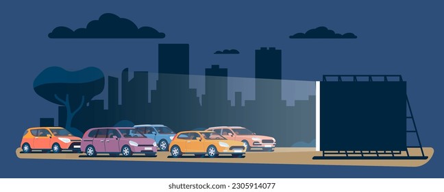 Drive movie. Car cinema theater event. Autos against city backdrop. Evening entertainment. Cinematography night show. Film screen. Outdoor performance. Automobile parking