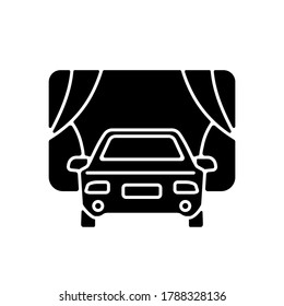 Drive In Movie Theater Black Glyph Icon. Outdoor Cinema. Watching Film In Automobile. Summer Entertainment. Screen And Car. Silhouette Symbol On White Space. Vector Isolated Illustration